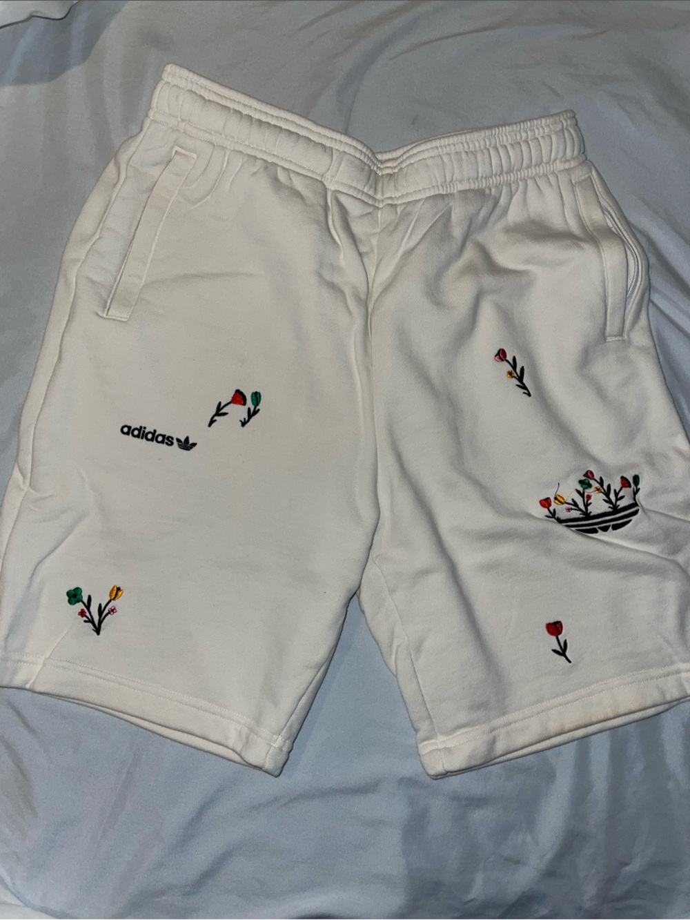 Adidas cream Floral Embroidered Athletic Shorts- Size Medium
